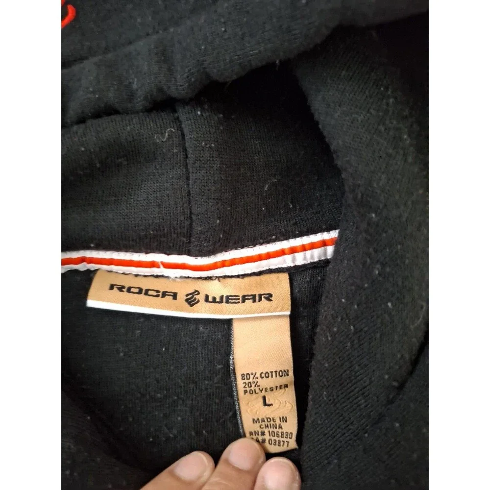 Vintage Y2K RocaWear Mens Hoodie Pullover Black Sweatshirt Large Fleece Warm - Picture 5 of 8
